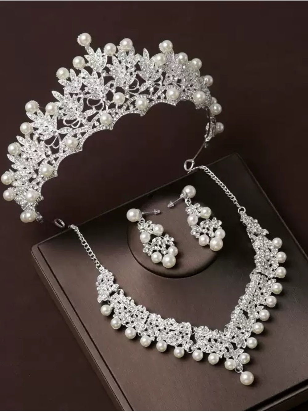 Pearl & Crystal Bridal Tiara Necklace Earring Set - Silver Tone